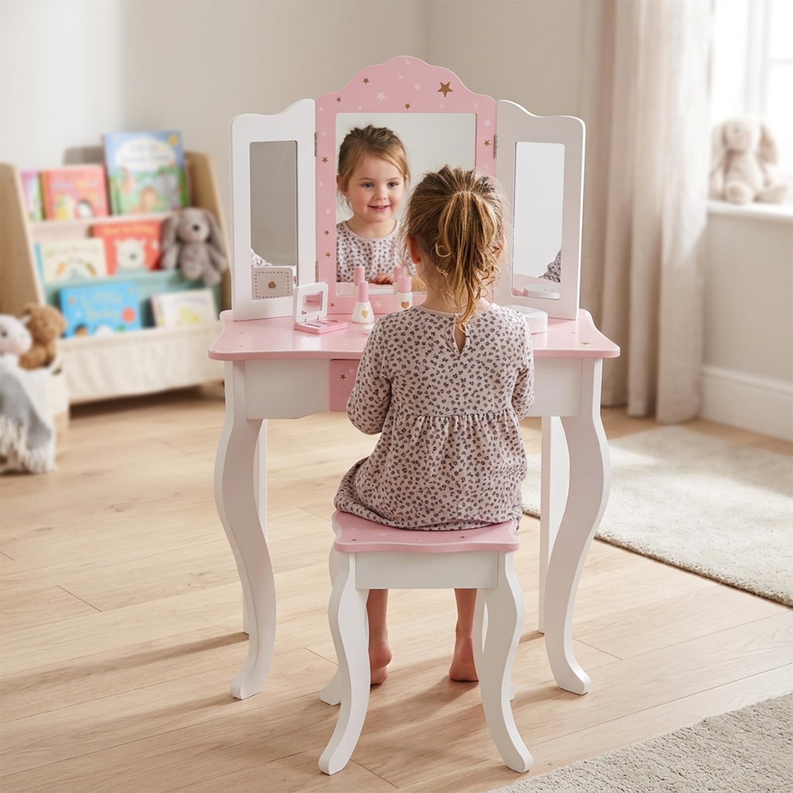 WOODENFUN Pink Kids Princess Dressing Table with Triple Folding