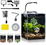 Desktop Betta Small Aquarium Glass Fish Tank 1.25 Gallons Complete Set, Self Cleaning Filter System Bright LED Light Gravel Plant Cleaning Tool, Starter Kit Small Space Easy Setup Space-Saving Design