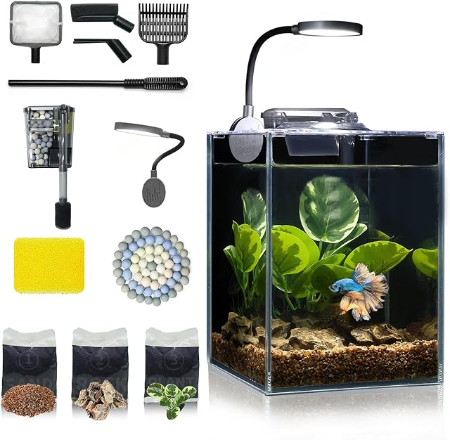 Desktop Betta Small Aquarium Glass Fish Tank 1.25 Gallons Complete Set, Self Cleaning Filter System Bright LED Light Gravel Plant Cleaning Tool, Starter Kit Small Space Easy Setup Space-Saving Design
