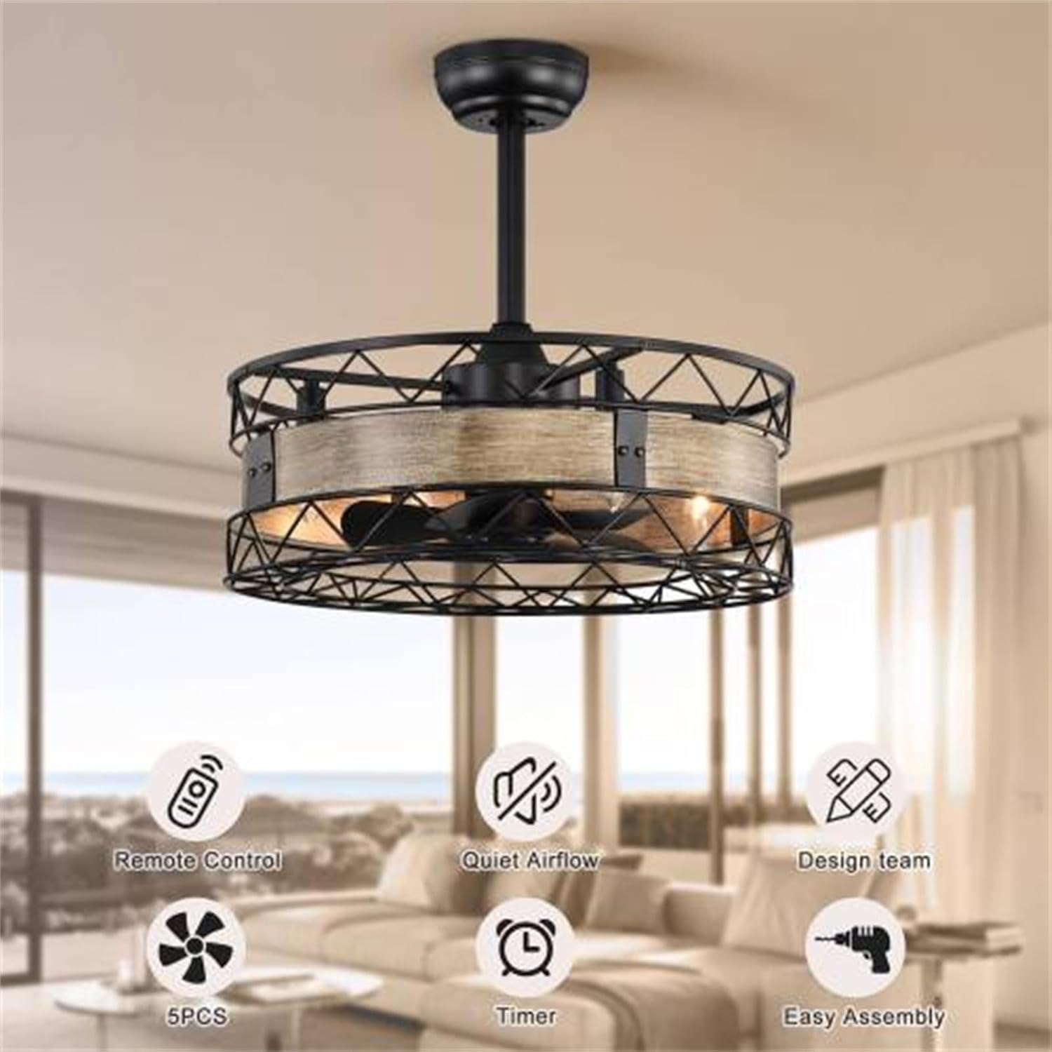 20.5 Inch Cage Ceiling Fan Light, Lighted Ceiling Fan, 5 ABS Blades, with Remote Control, Timer, 3 Speed ​​Indoor Ceiling Fan for Farmhouse, Bedroom Living Room (Bulb Not Included)