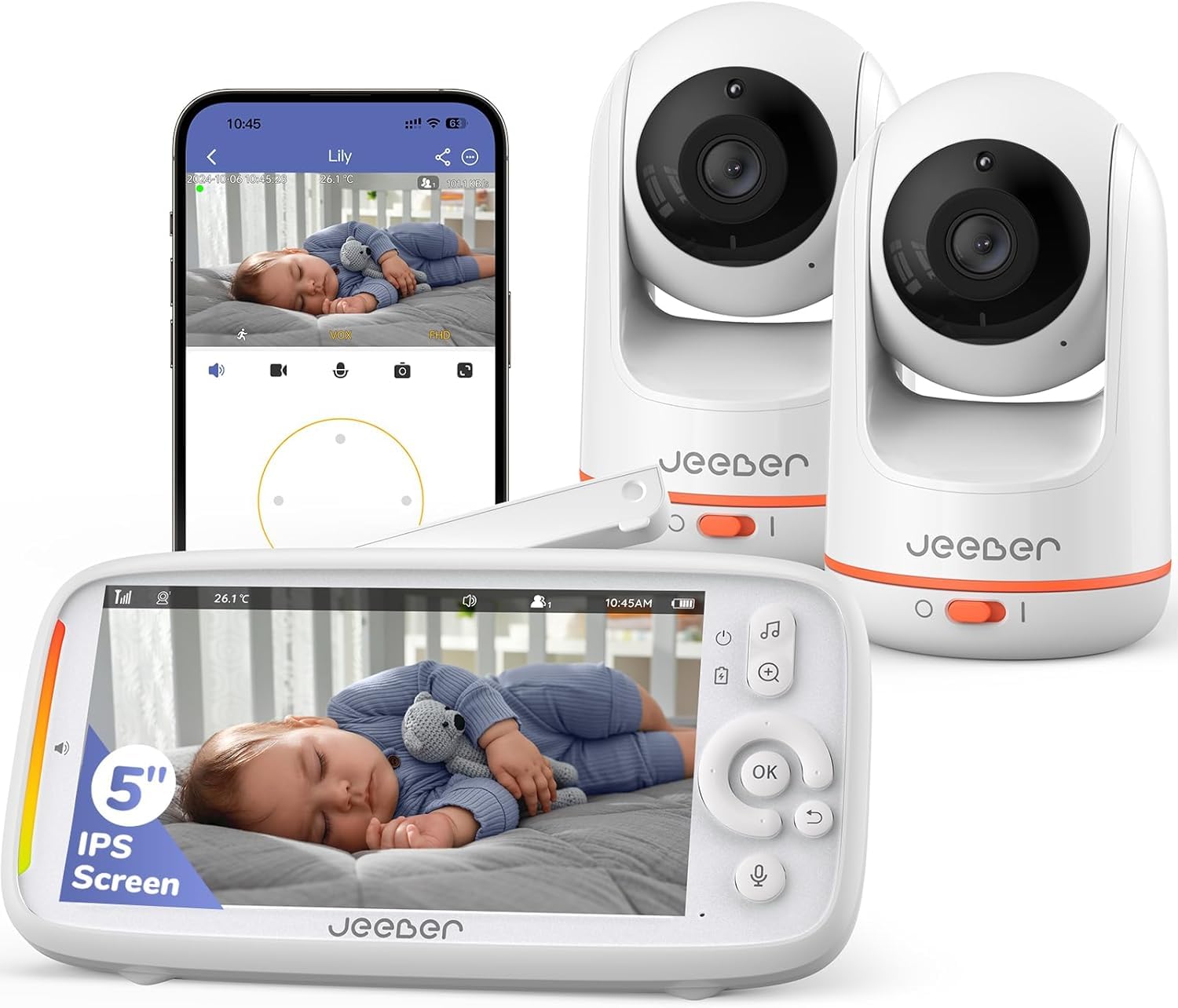 2K/3MP Camara Vigilancia Bebe con 2 Camaras con App Movil, 5" IPS Pantalla, Rotación de 360 ​​Grados, Visión Nocturna, Detección Inteligente de llanto, Área de Seguridad Personalizada
