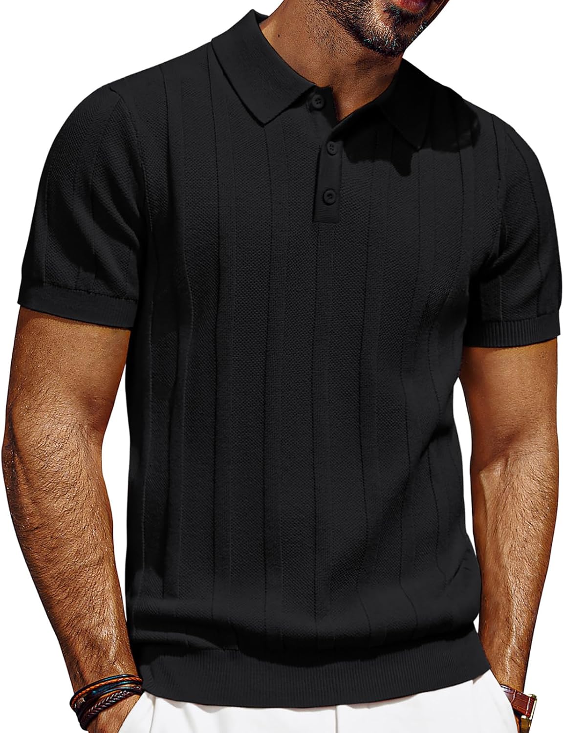 PJ PAUL JONES Mens Polo Shirts Short Sleeve Textured Knit Polo Shirt Ribbed Casual Golf Shirts