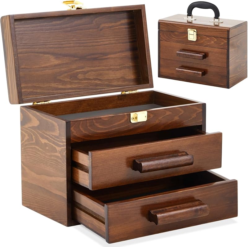 Weysat 11 Inch Mini Wooden Tool Box with 2 Drawers and Top Storage, Portable Small Tool Chest with PVC Liners, Mini Tools Storage Box Organizer Makeup Boxs with Metal Latch Closure