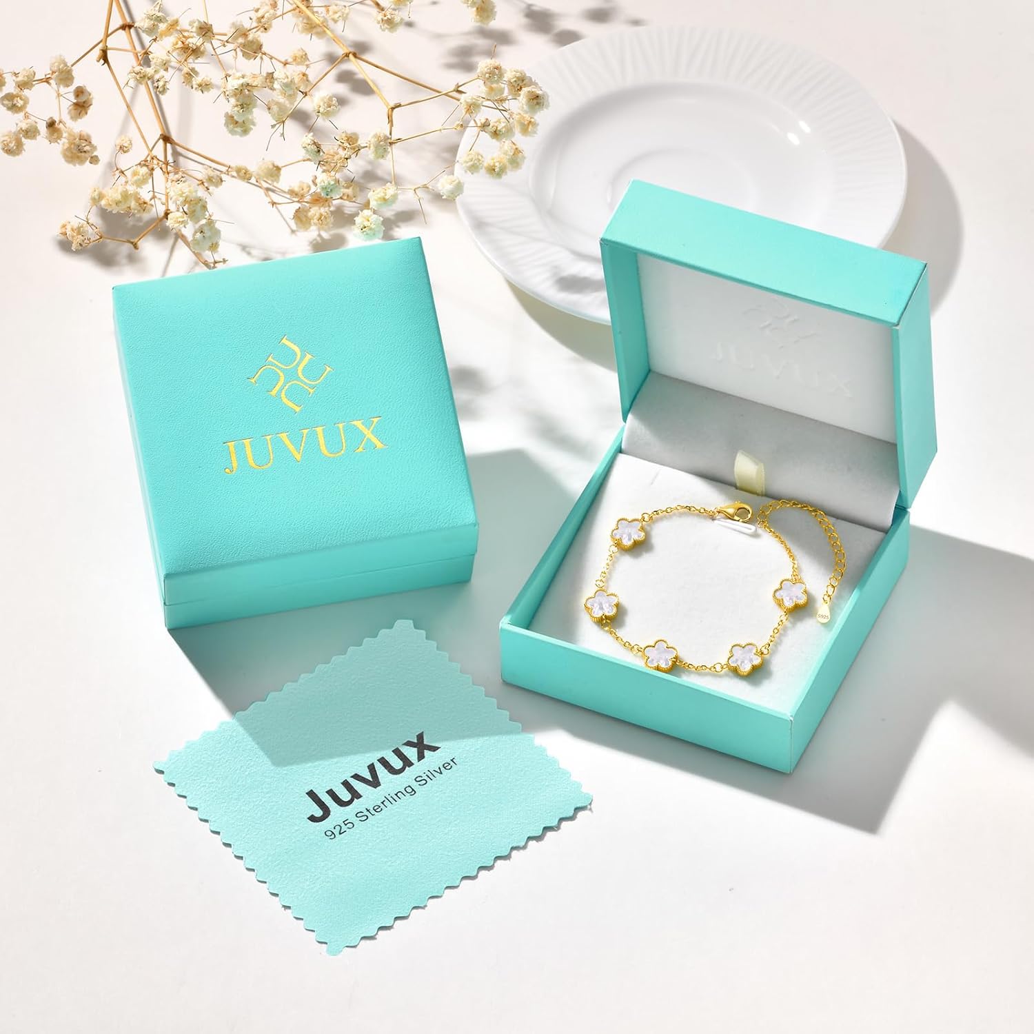 14K Gold Plated White Mother of Pearl Clover Bracelet 925 Sterling Silver Four Leaf Clover Bracelet for Women - Lucky Jewelry Gifts for Her - Image 6