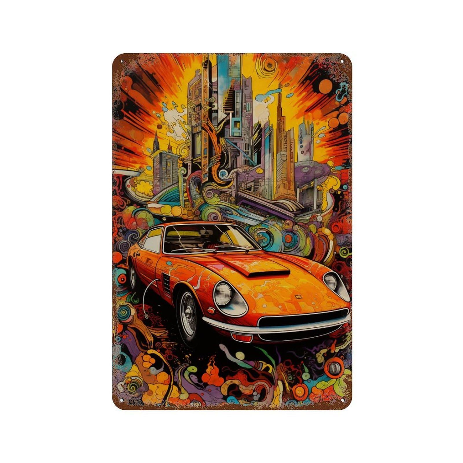 Vibrant Cityscape with Classic Car Weathered Tin Sign 11.8"x7.9", Classic Wall Plaque for Garage, Bar And Workshop Decor