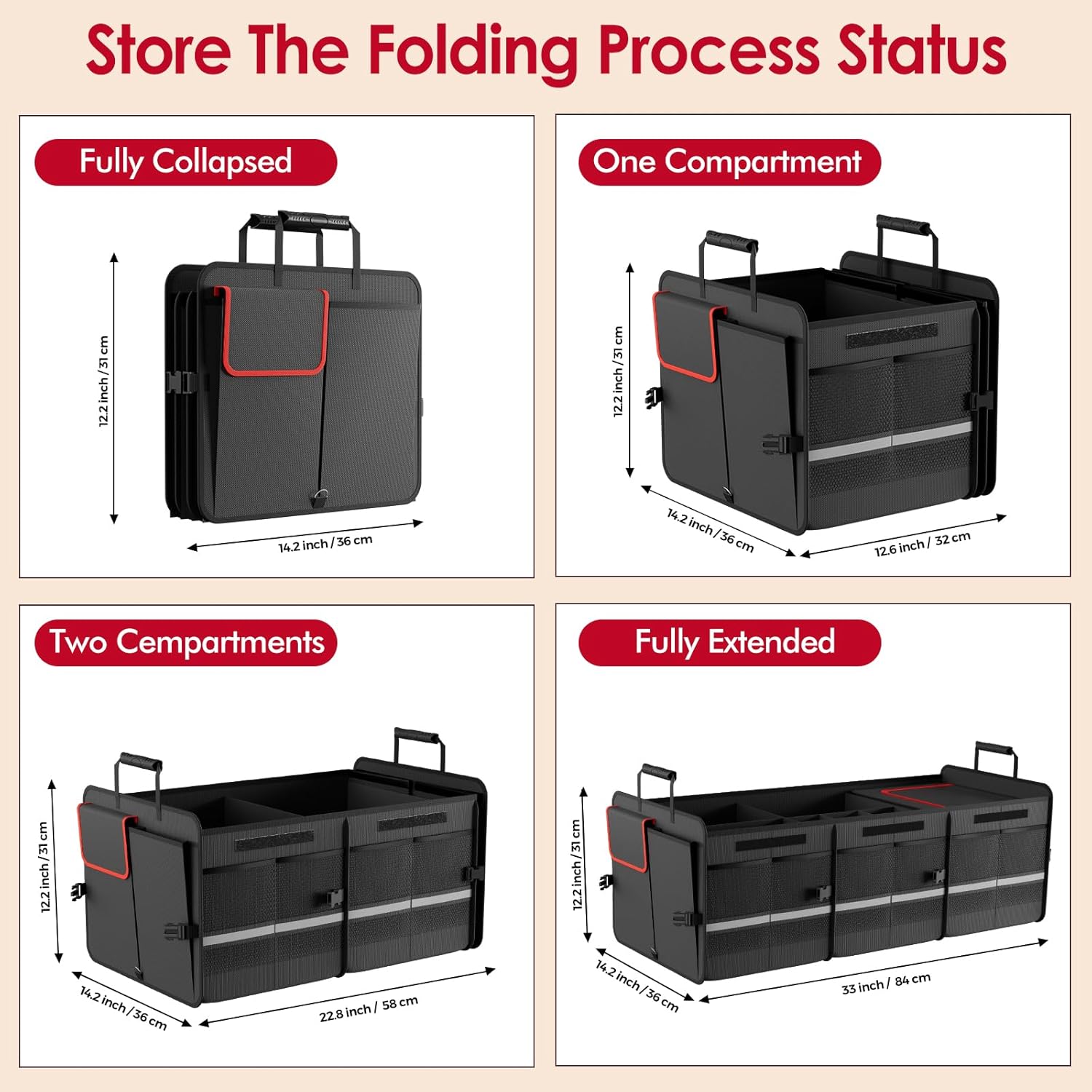 MEI&CO Car Trunk Organizer - 2.5mm PP Board Built, 35L Leakproof Cooler, 105L Capacity, 2 Tie-Down Straps, 4 Adjustable Dividers, Foldable Design for SUVs, Trucks, and Cars