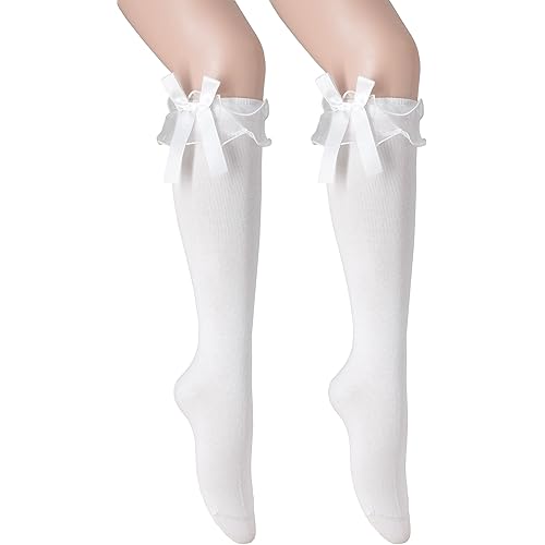SRYL Women Girl's Cotton Knee High Socks with Lace Ruffle Trim Socks, Calf Socks Bow Style…