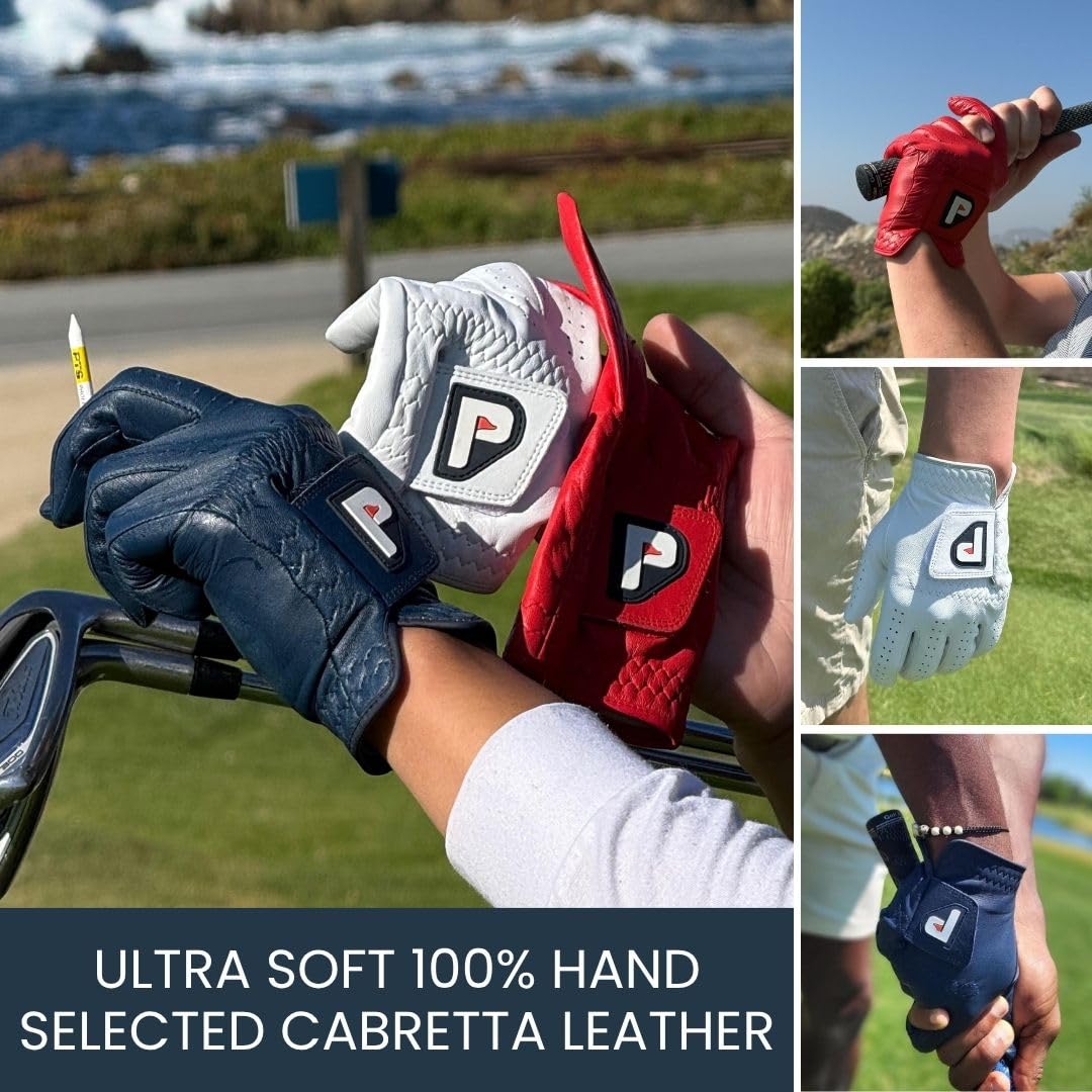 PUR3 Lot de 3 gants de golf en cuir Cabretta ultra doux pour homme (rouge, bleu et blanc), avec marqueur de balle pour golfeurs droitiers et gauchers