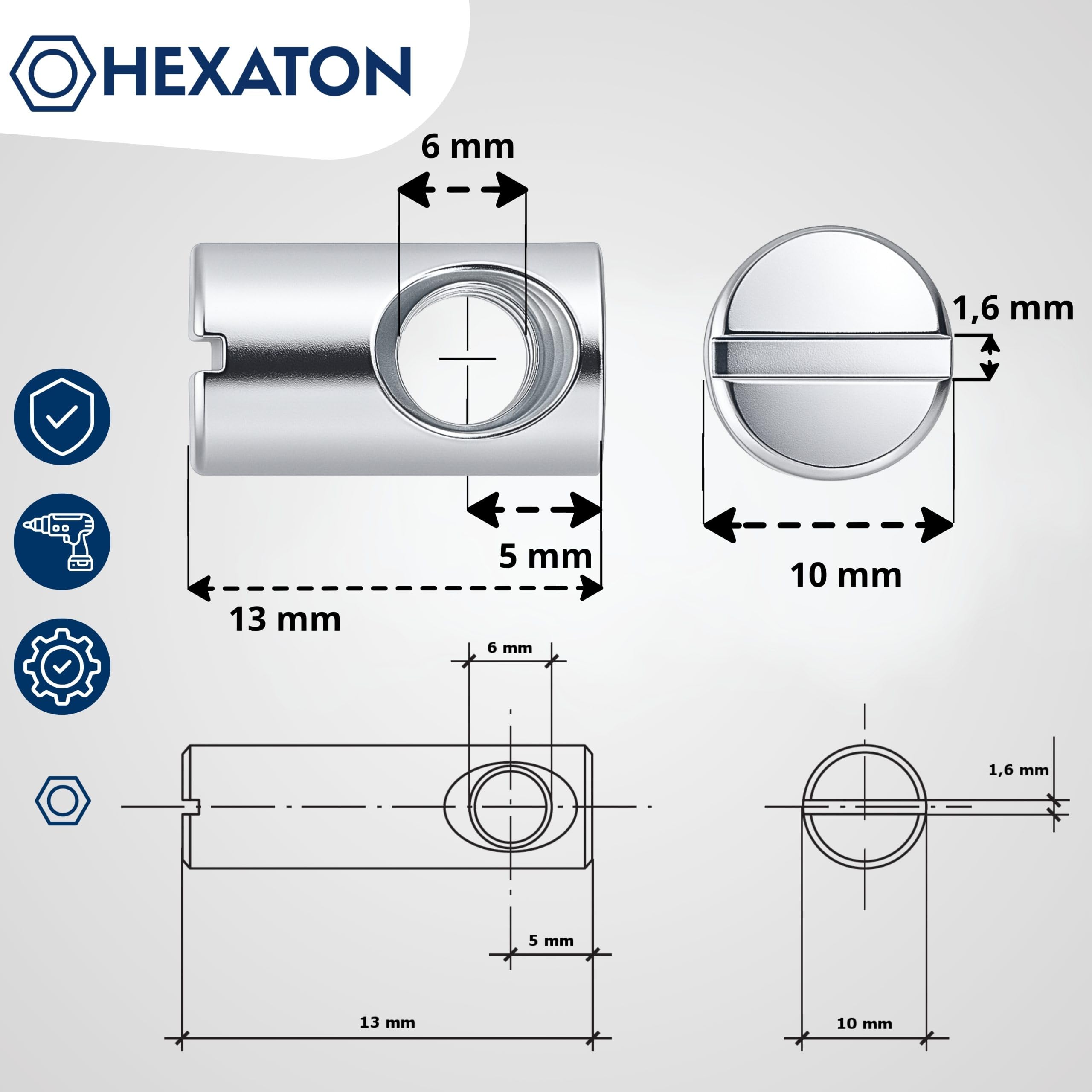 HEXATON Tuercas Pernos de Barril Tuercas Cilíndricas Asimétrica M6 x 10 x 13 mm - 50 Piezas - Acero cincado