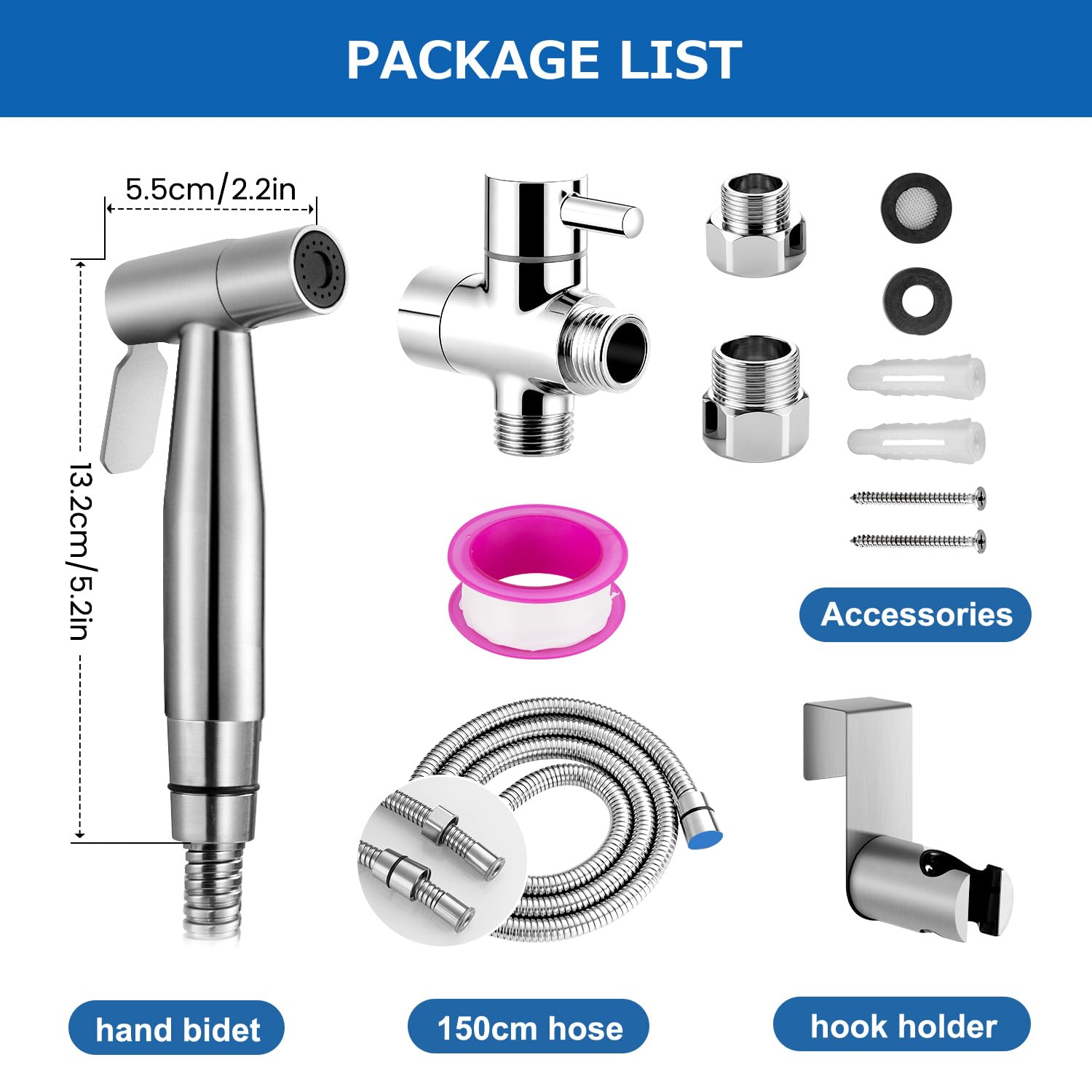 Natrysk Higieniczny (Bidet) ze Stali Nierdzewnej Szczotkowanej, Zestaw z Wężem i Zaworem G1/2” + G3/8” - do Toalety, Podmywania i Czyszczenia