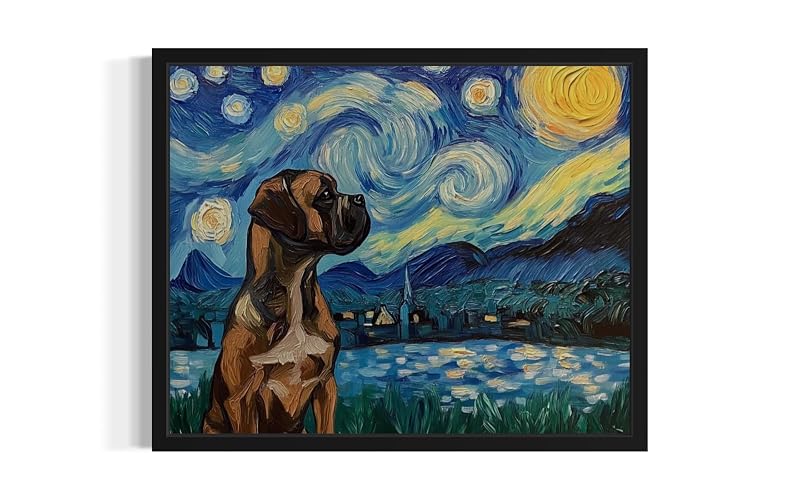 Boxer Van Gogh Unframed Poster Art Print, Starry Night inspired Dog Wall Art Prints Decor Painting, Pet Lover Gifts Abstract Prints Gallery 19 (Boxer, 10"L x 8"W, Unframed) - Boxer - Unframed - 10"L x 8"W