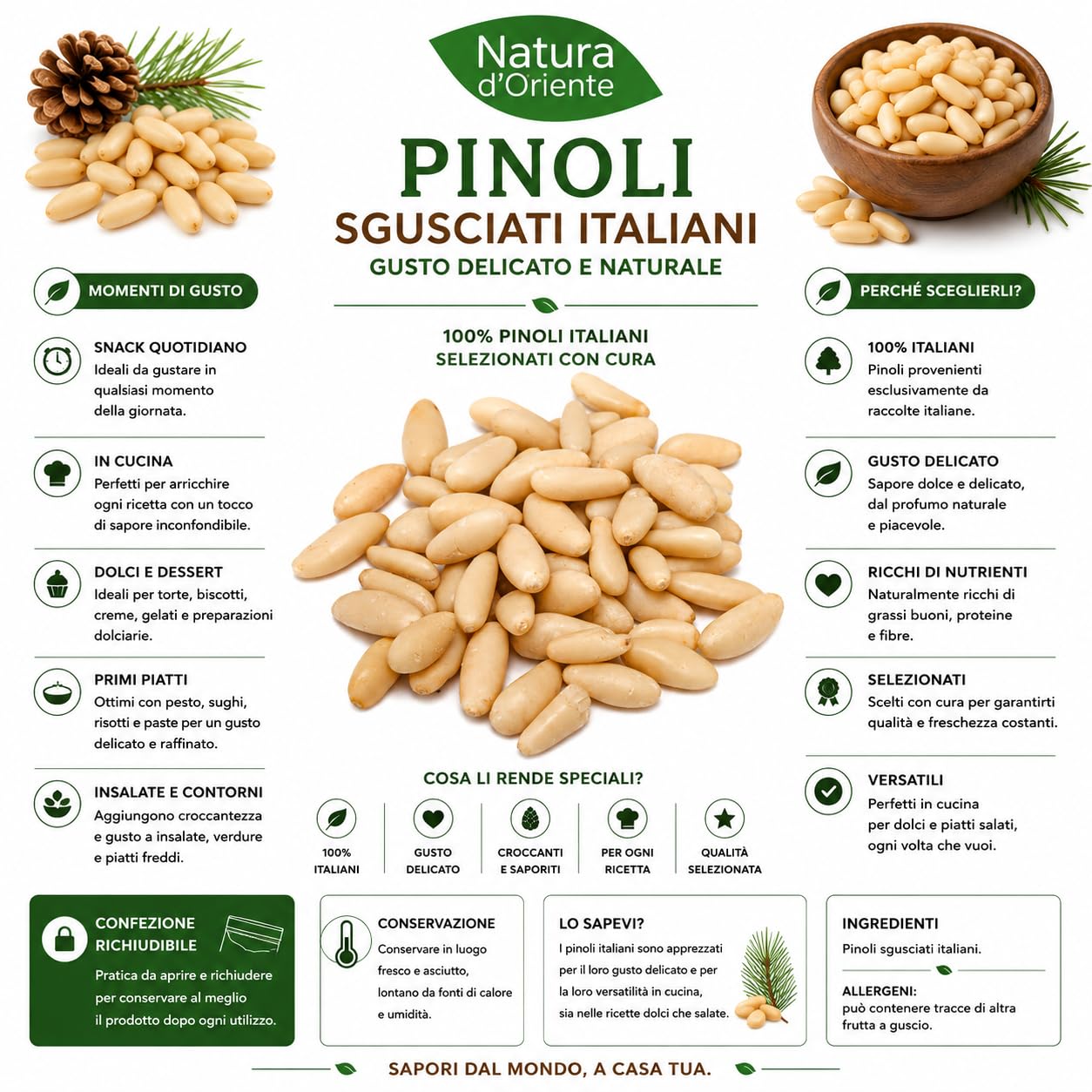 NATURA D'ORIENTE Pinoli Sgusciati Italiani 1 kg Selezionati | Origine italiana • Pronti all'uso • Ideali per pesto, dolci e ricette gourmet