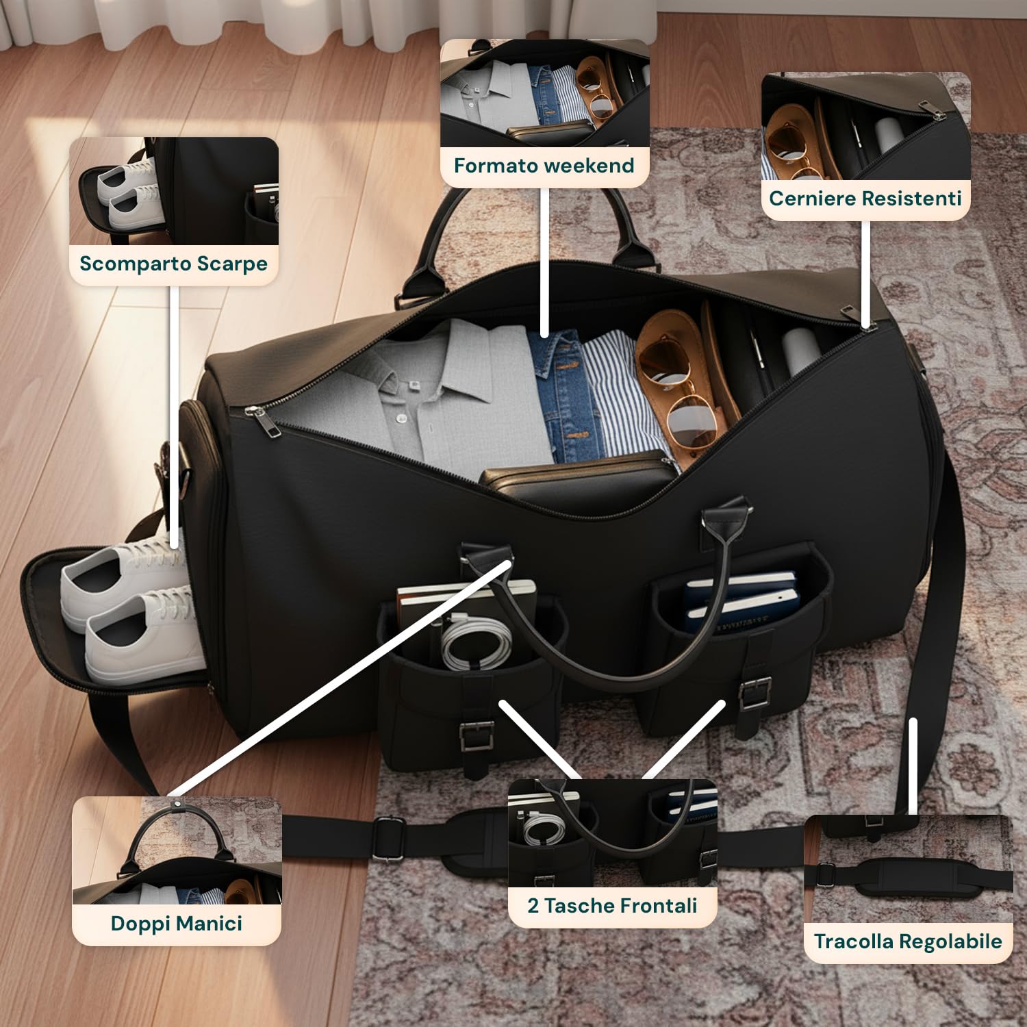 Avilia Borsone Viaggio 2 in 1 Impermeabile 56x32x33 cm -Scomparto Scarpe Ventilato - Bagaglio a Mano Cabina - Borsa Palestra Sportiva Weekend - Tessuto Oxford Tasche Multiple