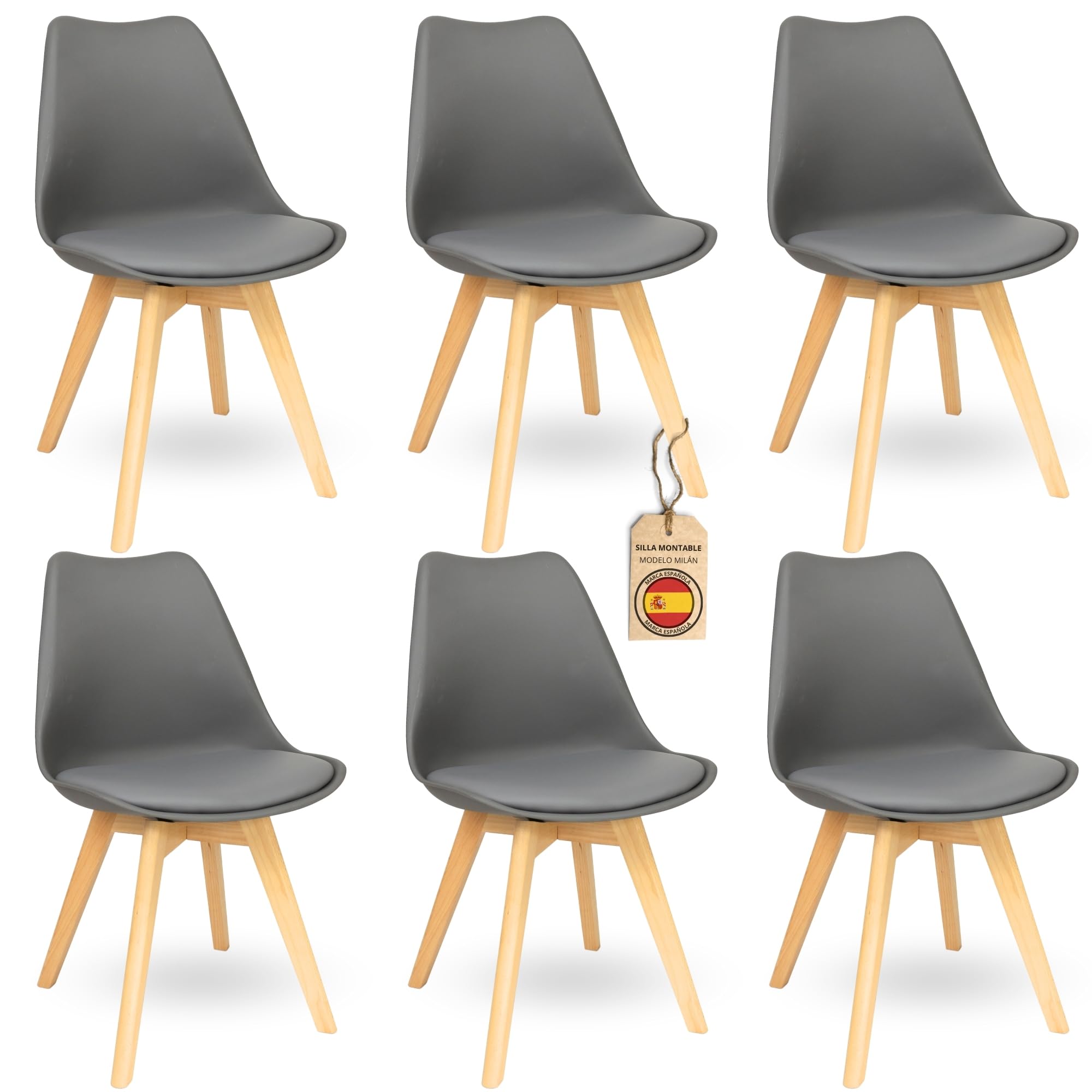 HOME DESIGN & CONFORT ®Sillas de Comedor Nórdicas con Respaldo Ergonómico con Material PU y Patas con 2,8cm de Anchura | Sillas de Cocina con Madera de Haya Maciza (6 Sillas Grises)