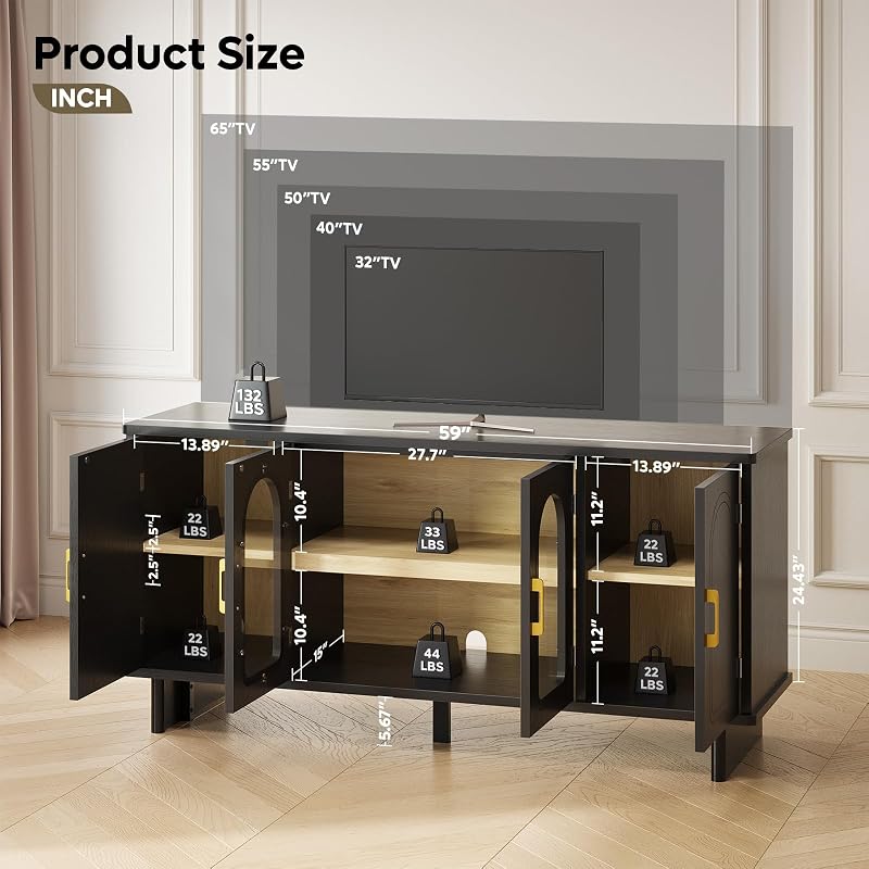 Bestier Mid-Century Modern TV Stand for 65'' TV, Arched Glass Door, Black image 2