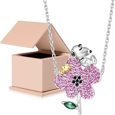 GNOCE Peanuts Snoopy Nature Flower Diamond Necklace for Women, S925 Sterling Silver Pendant Necklace for Her Wife, Valentines Day, Mothers Day Jewelry Gift