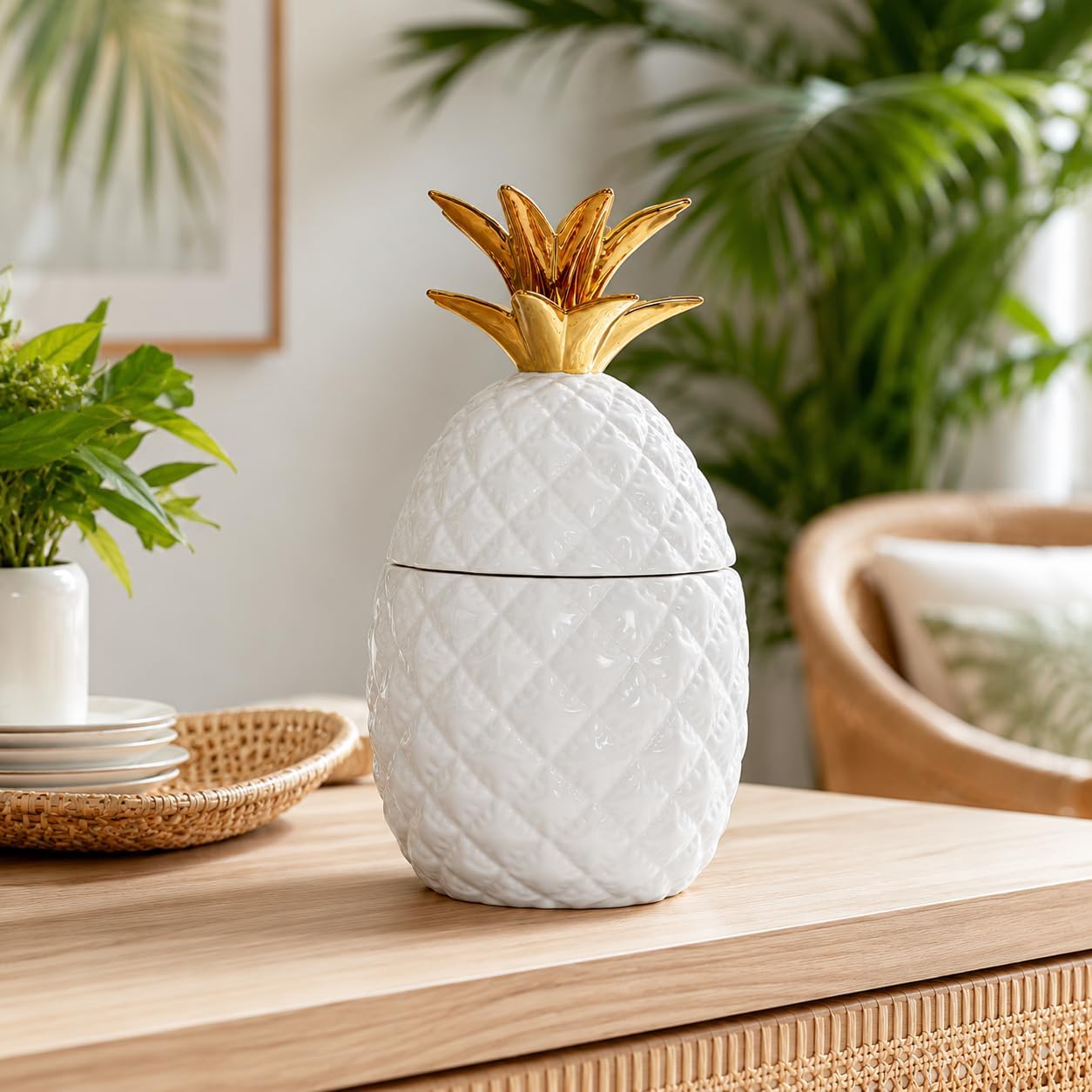 Comfy Hour 9.3 inches Height, Ceramic Pineapple Cookie Jar, Decorative White and Gold Kitchen Canister, Tropical Modern Farmhouse Countertop Storage Container, Artisan Crafted Home Decor, 1 Unit
