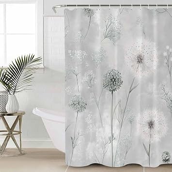 White Green Dandelion Shower Curtain, Stall Shower Curtains for Bathroom/Bathtub, Grey Floral Leaves Waterproof Fabric Bathroom Curtain Set with 12 Hooks, 36" x 78"