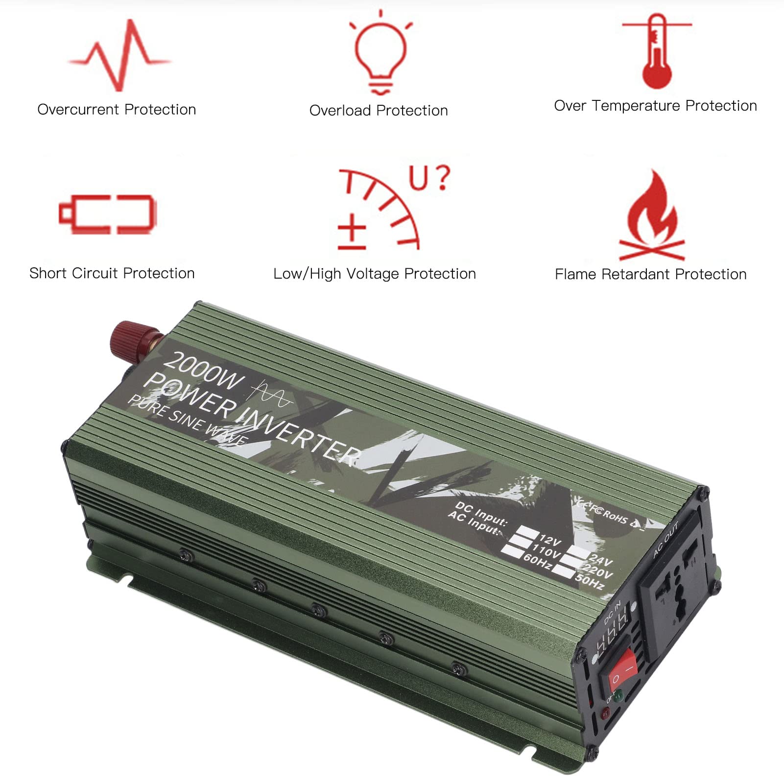 EMUKOEP Inversor de Corriente para Coche DC12V a AC220V 2000W Convertidor Sinusoidal con Ventilador de Refrigeración