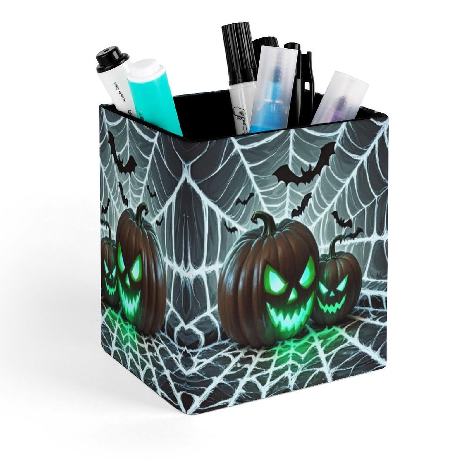 FekiLoot Green Pumpkin Pencil Holder for Desk Square Leather Pen Holder Cup Desktop Organizer Multi-Functional Pencil Cup Holders Modern Decorative Desk Organizer Caddy Makeup Brush Holders