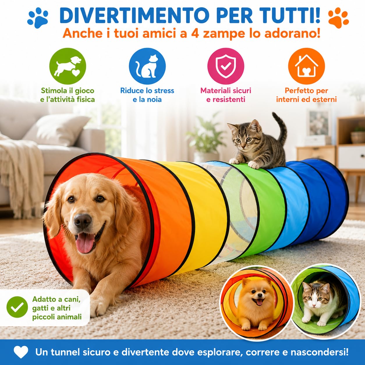 TUNSY Tunnel Strisciare per Bambini, Tessuto Traspirante e Resistente con Inserti in Rete, 180x45x45 cm, Arcobaleno, Leggero e Pieghevole, Montaggio Senza Attrezzi