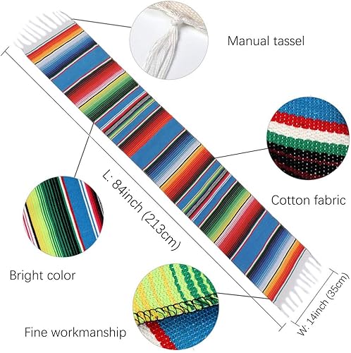 Miniatura 10 de Fowecelt - Camino de mesa de sarape mexicano de 14 x 80 pulgadas, manta tejida a mano, camino de mesa mexicano de rayas coloridas, decoraciones de