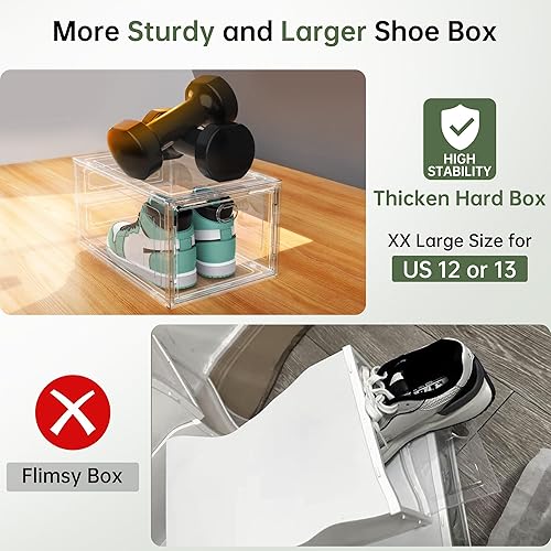 Miniatura 6 de Paquete de 12 organizadores grandes de zapatos duros para talla 14, organizador modular de plástico transparente apilable para zapatos, caja de