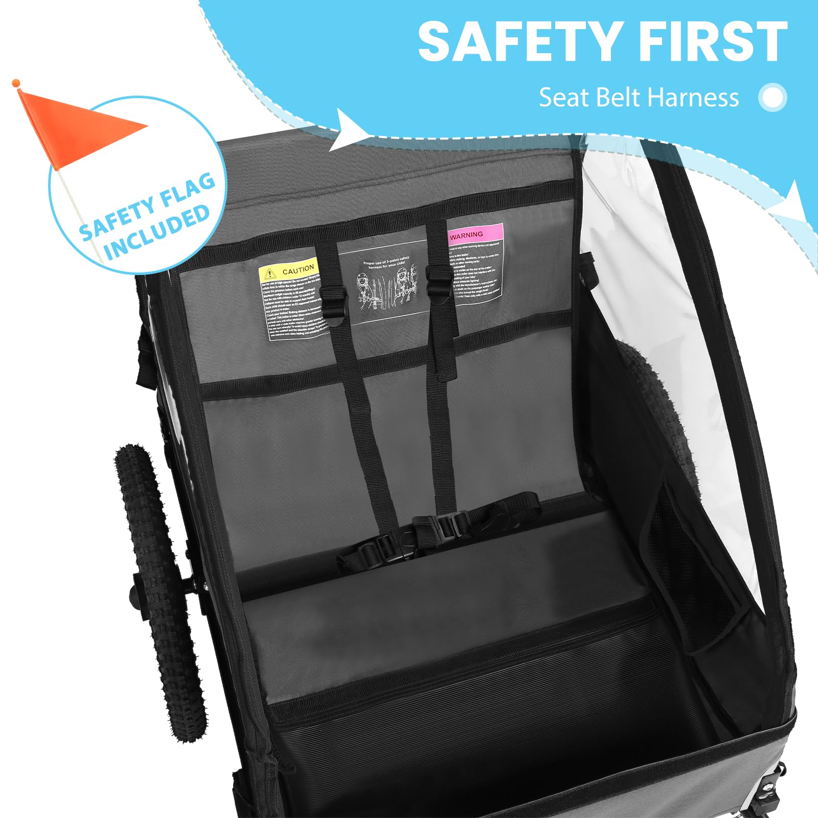 Sepnine Remolque de bicicleta para niños, adecuado para 1 a 2 niños, más de 12 meses, fijación rápida a la bicicleta, plegable, con arnés de 5 puntos y bolsas de almacenamiento