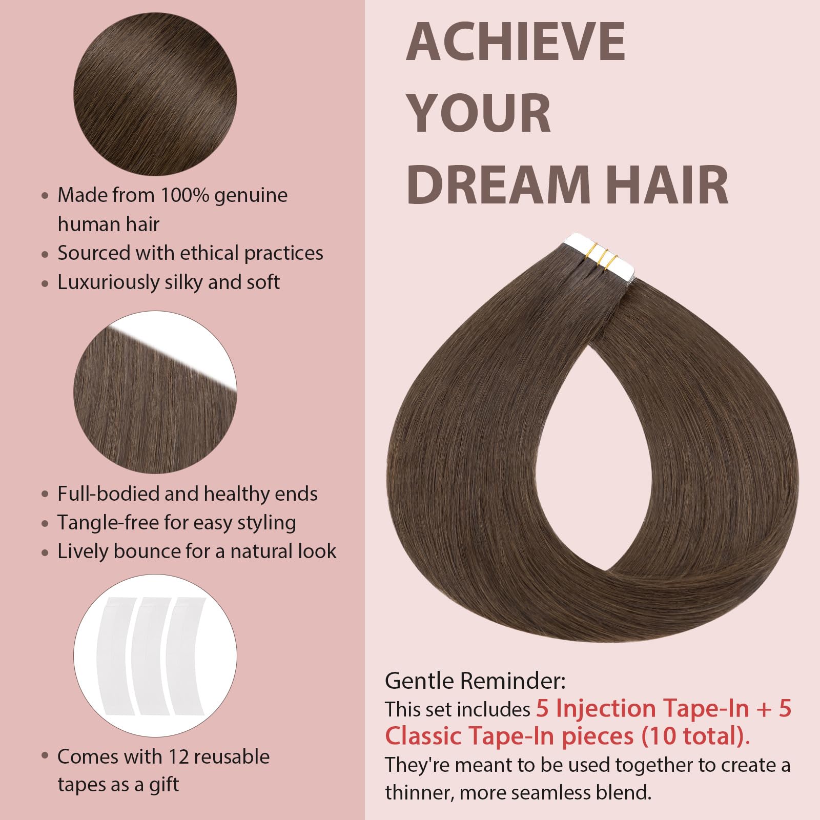 Silk-co Extensiones Adhesivas Pelo Natural Cinta Invisible Cinta Sin Clip 100% Remy Liso Cabello Humano Cuero Cabelludo Biónico 10PCS 20G/Paquete 30cm # 2 Marrón Oscuro
