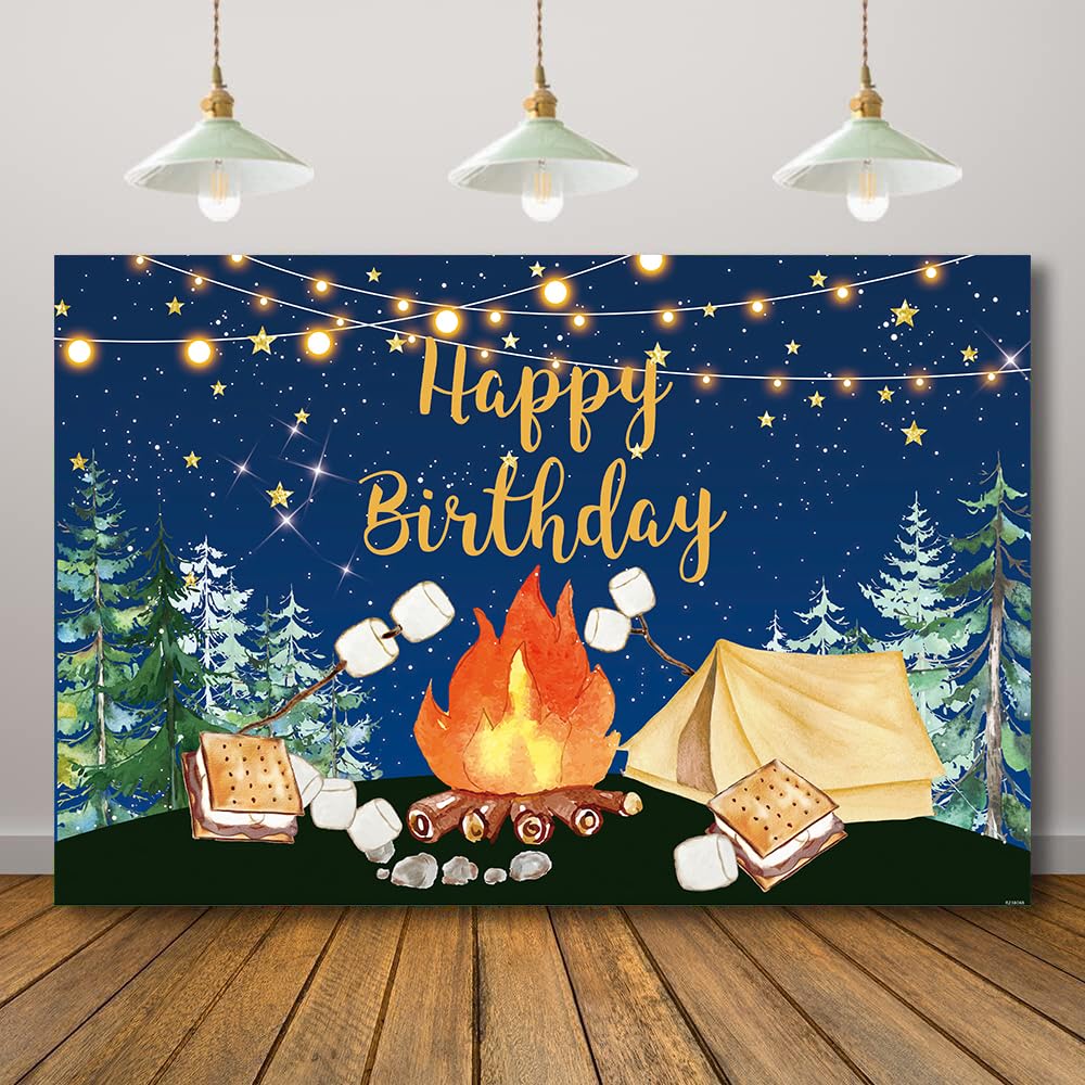 Rcoaror Camping Happy Birthday Backdrop Campfire Forest Tent S’Mores Camper Birthday Decorations Adventure Background for Photography Photo Studio