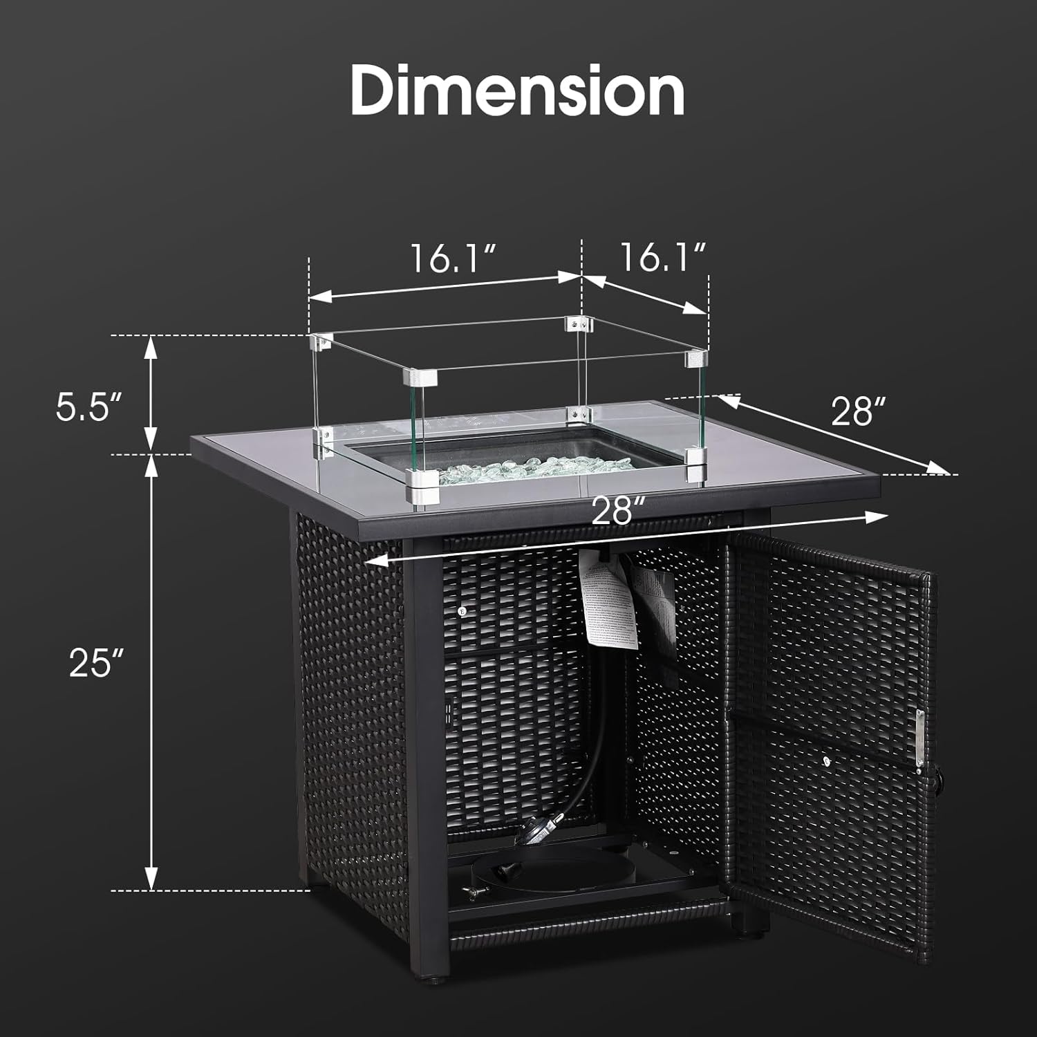 28'' Gas Fire Pit Table, Outdoor Square Fire Pit Table with Cover, Glass Wind Guard & Glass Rock, 60000 BTU Stainless Steel H-Burner Fire Pit Tables for Outside Patio Backyard Garden (Square)