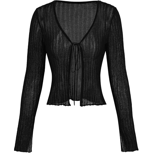 CIDER Women's Knit Cardigan Deep V Neck Tie Front Textured