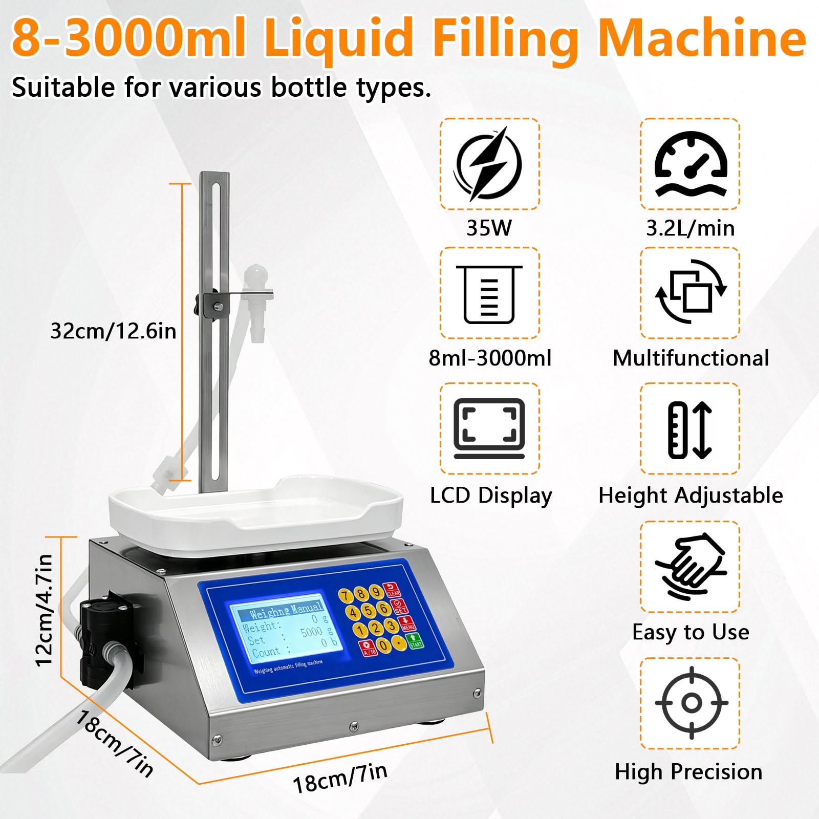 3.5L/Min Abfüllmaschine, 5–4000ml Flüssigkeitsabfüllmaschine, Höhenverstellbar 0–32cm, LCD-Display, Automatische Flaschenabfüllmaschine für Wasser, Saft, Parfüm und Getränke