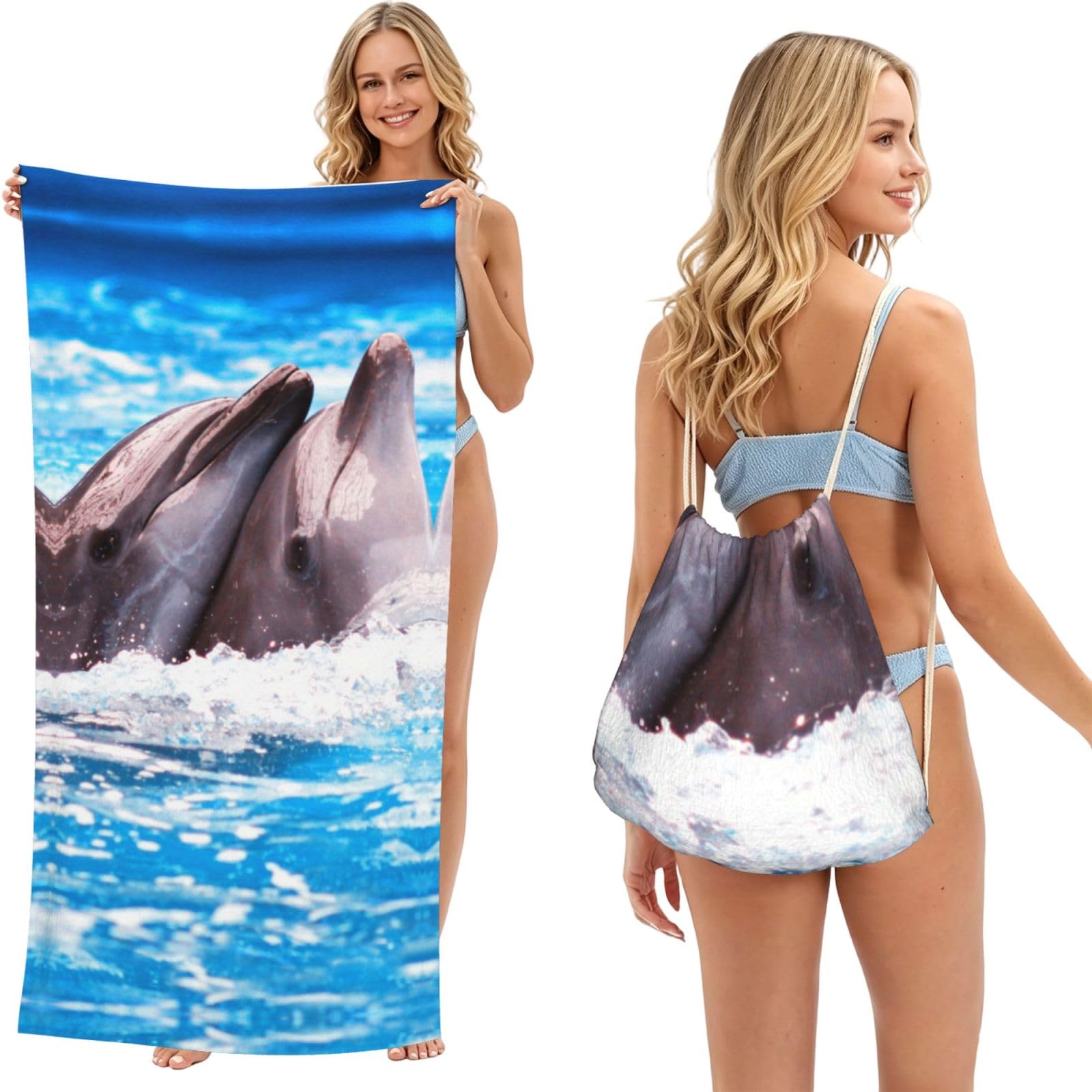 SATUSA Two Dolphins In The Water Print 2-In-1 Foldable Beach Towel Backpack â€“ Camping, Yoga And Travel,Bath Towel With Built-In Storage, Convertible Beach Mat & Carry Bag