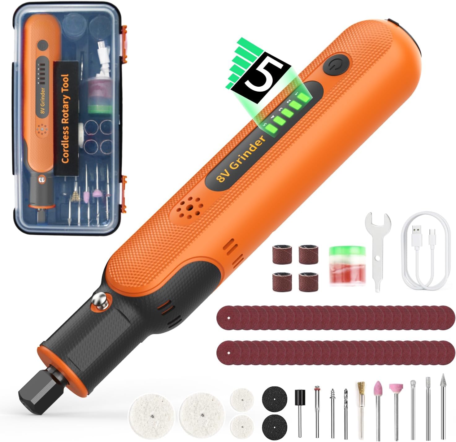 Cordless Rotary Tool - 2.2Ah 8V Power Rotary Tools 5 Speed 25000RPM, Multi Tool with 74pcs Accessories Set,Rechargeable Grinder for Carving, Cutting, Sanding, Drilling, Polishing and DIY Crafts