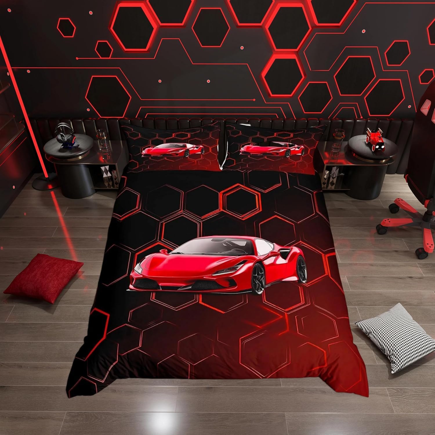 Loussiesd Red Race Car Duvet Cover Set Cot Size For Kids Boys Teens Bedroom Geometric Honeycomb Bedding Set Hexagonal Speed Sports Car Duvet Cover with 1 Pillowcase Racing Bed Sets — image 1