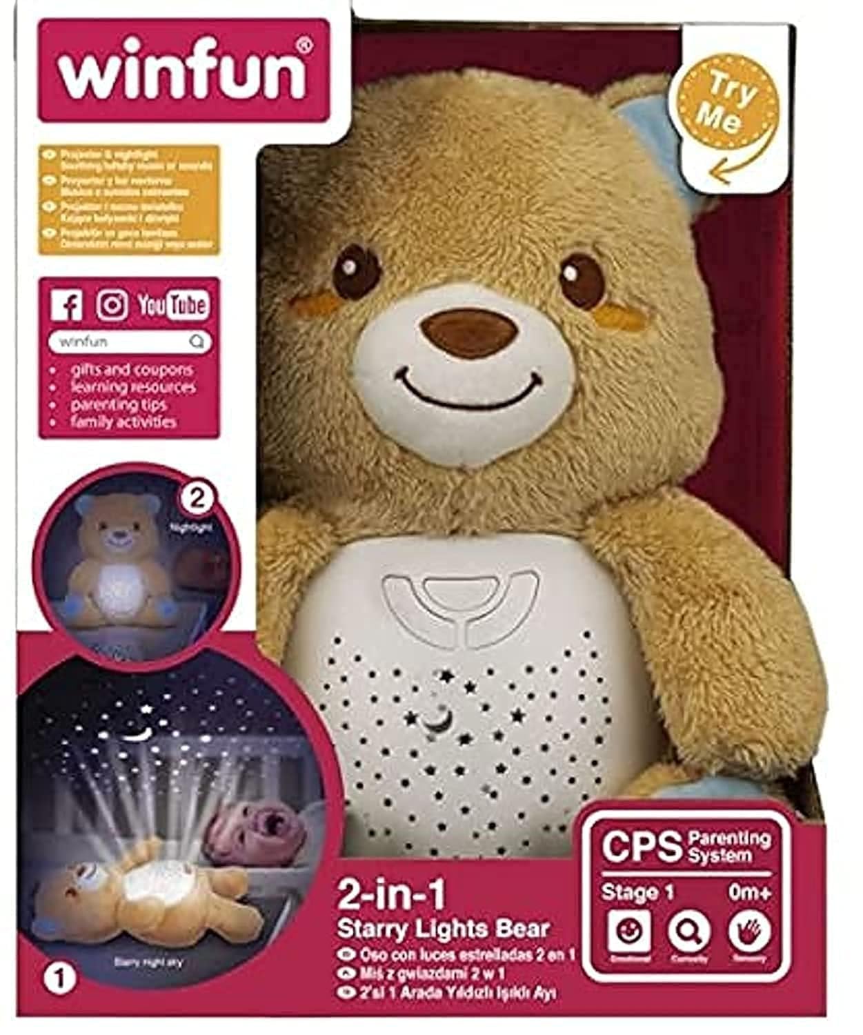 winfun2‑in‑1 Starry Lights Bear – Plush Night Light with Colorful Star Projection & Soothing Sounds | Dual-Mode Night Light & Plush with Lullabies & Ceiling Stars | For Infant Ages 0 Months+