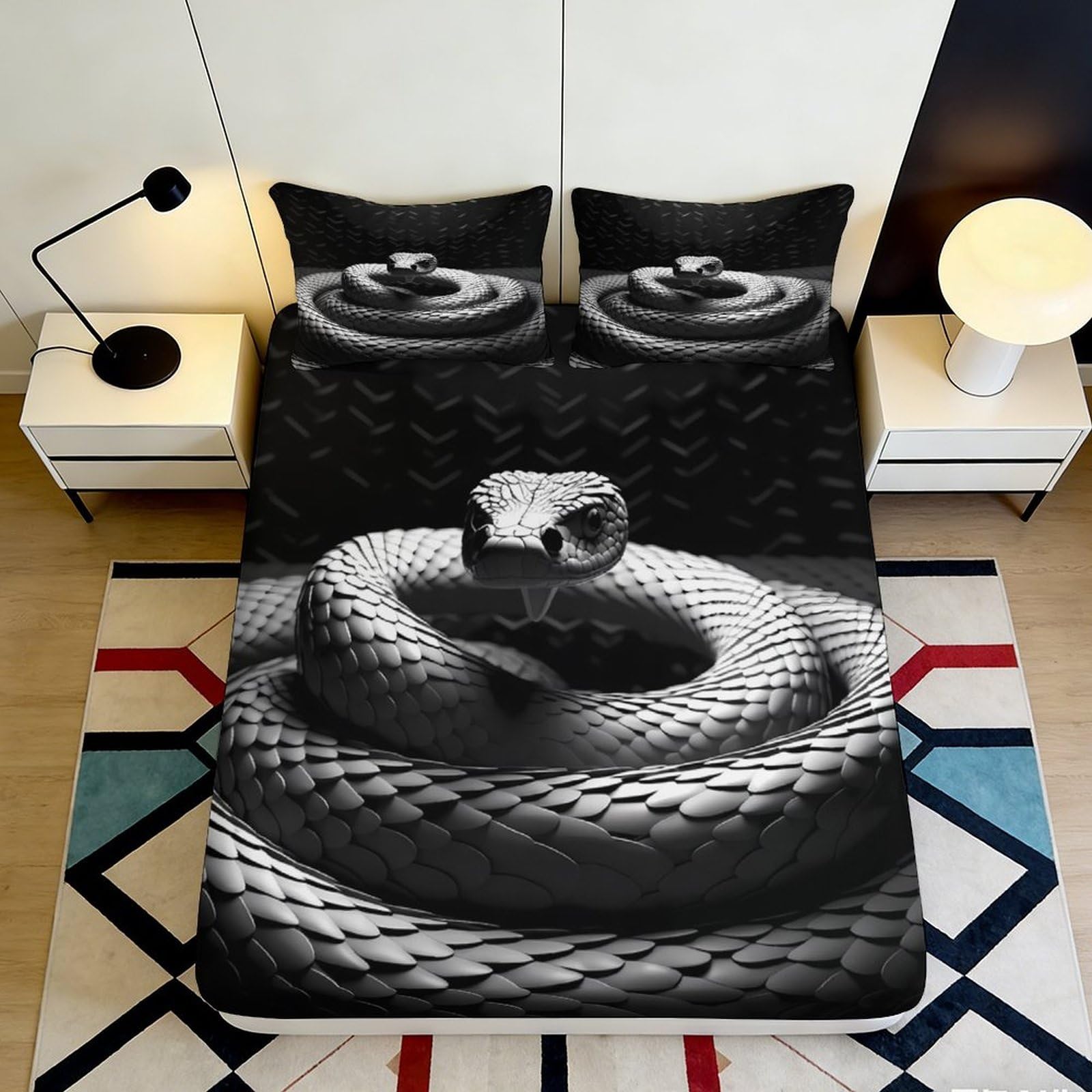 3D Printed Snake Pattern Fitted Sheet Microfiber Deep Pocket Bedroom Bedding Snake Mattress Fitted Cover Non-Slip Washable 200x200x25cm