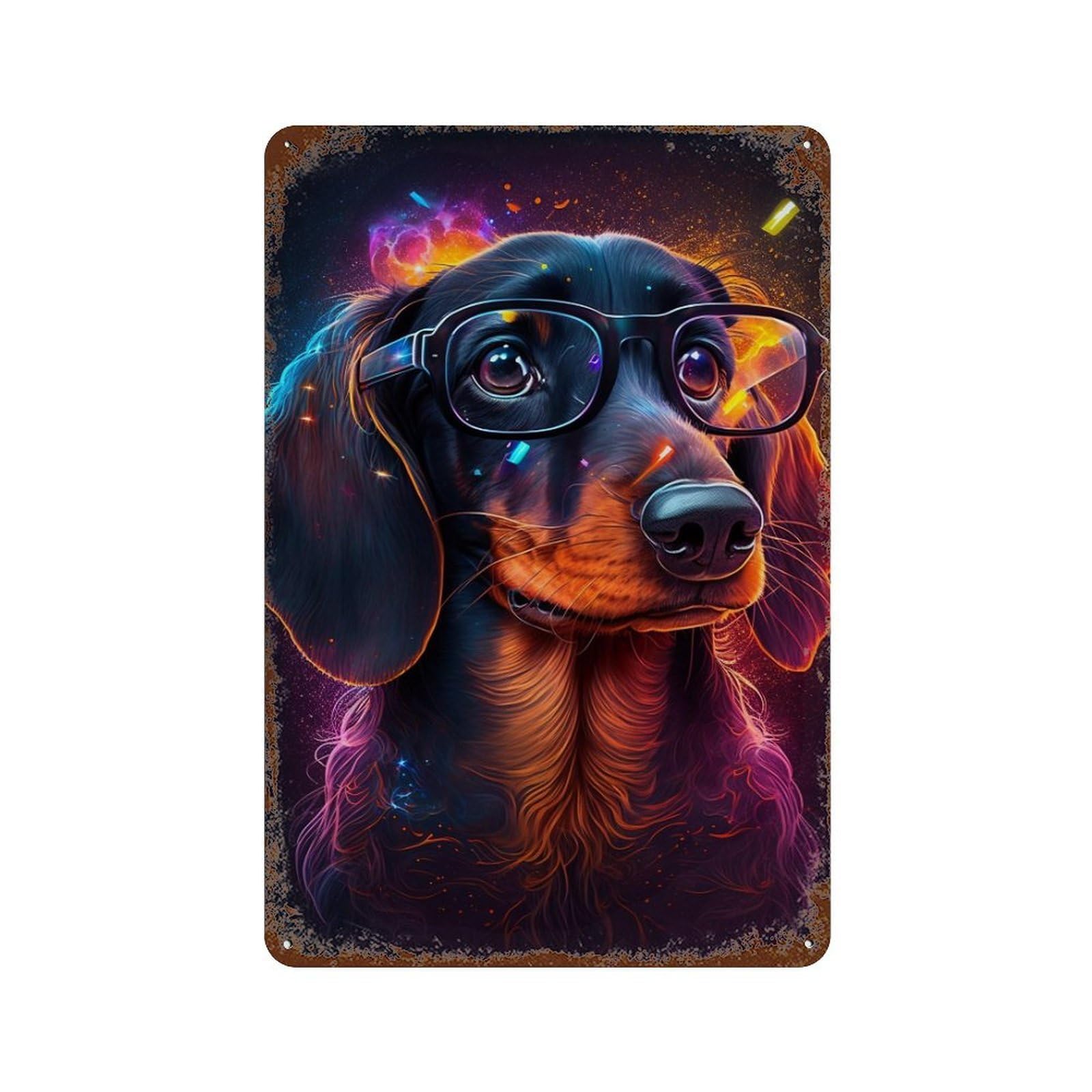 Decorative Tin Sign with Neon Dachshund Glasses Art Print Design 11.8"x7.9", for Basement, Hobby Room And Garage Decor, Rustic Home Decor