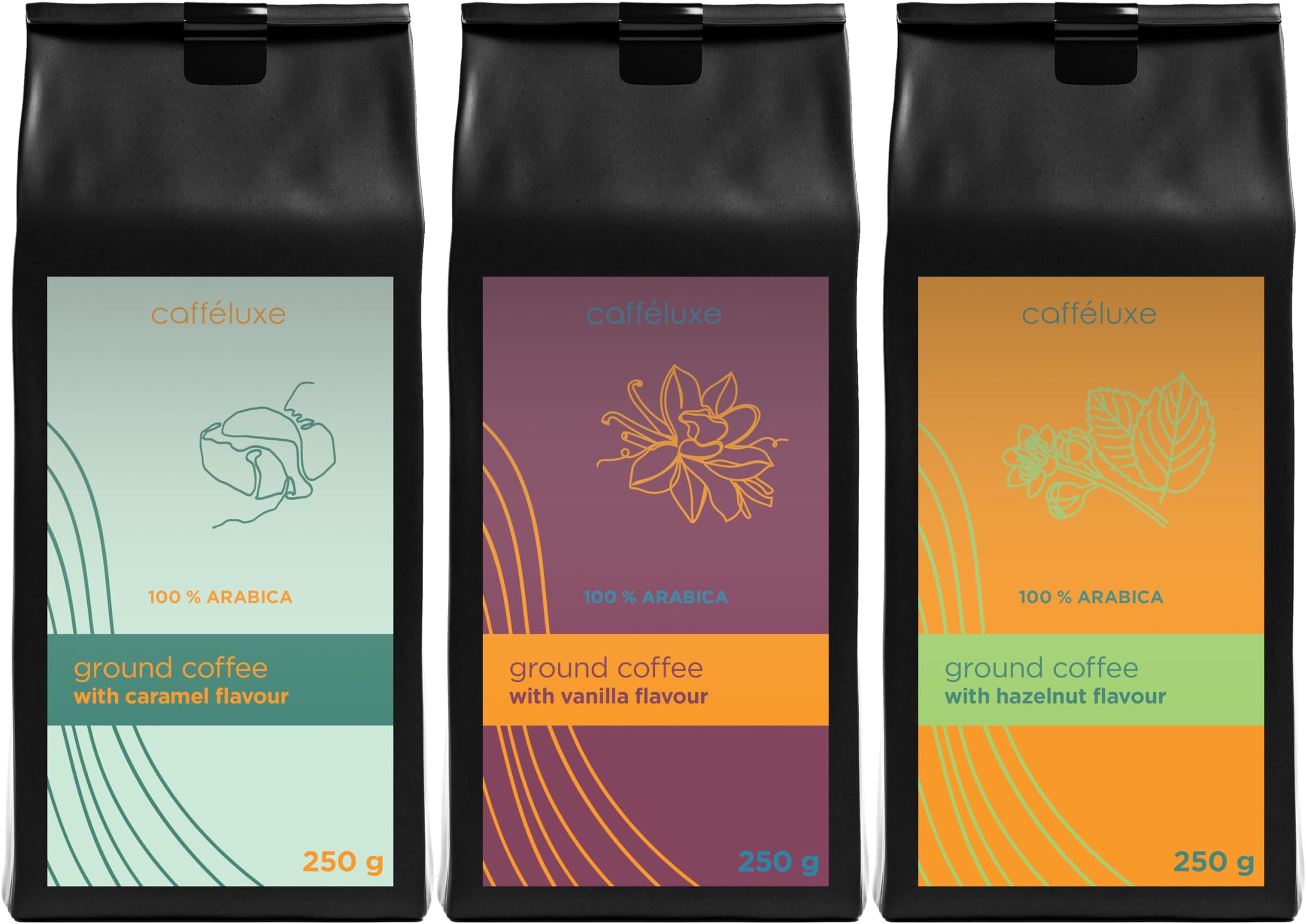 – Flavoured Ground Coffee Mixed Medley - Vanilla, Caramel & Hazelnut - 3 Pack (3X 250g Per Bag)