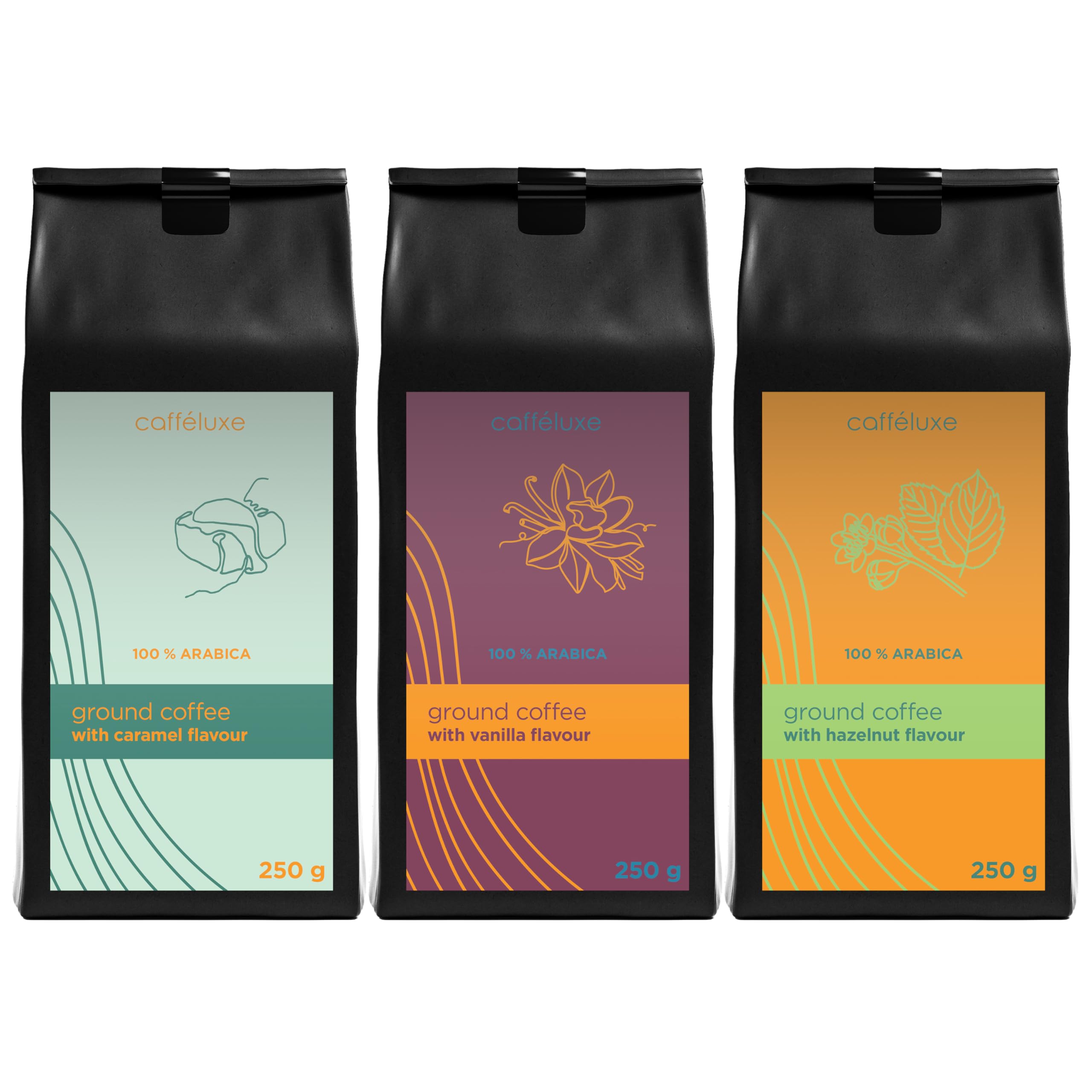 Cafféluxe Flavoured Ground Coffee Mixed Medley - Vanilla, Caramel & Hazelnut - 3 Pack (3X 250g Per Bag)
