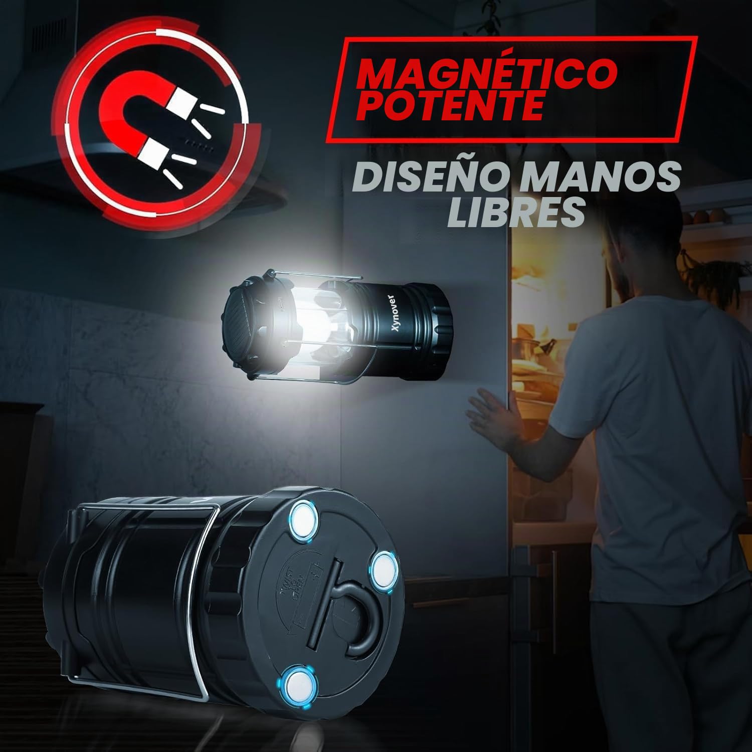 Xynover Paquete de 4 linternas solares para camping, LED recargables con batería USB/solar/AA, base magnética, gancho para colgar, plegable, impermeable para emergencias, senderismo, huracán