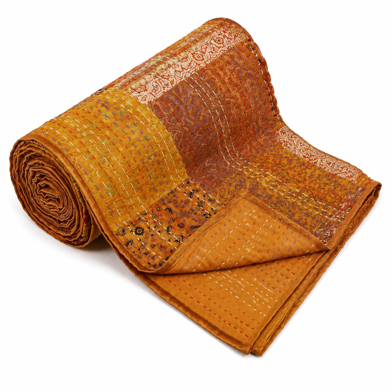 Handmade Silk Kantha Quilt – Mustard Gold Vintage Patchwork Bedspread, Reversible Hand Stitched Boho Throw Blanket (Queen (U.S. Standard))-image-9
