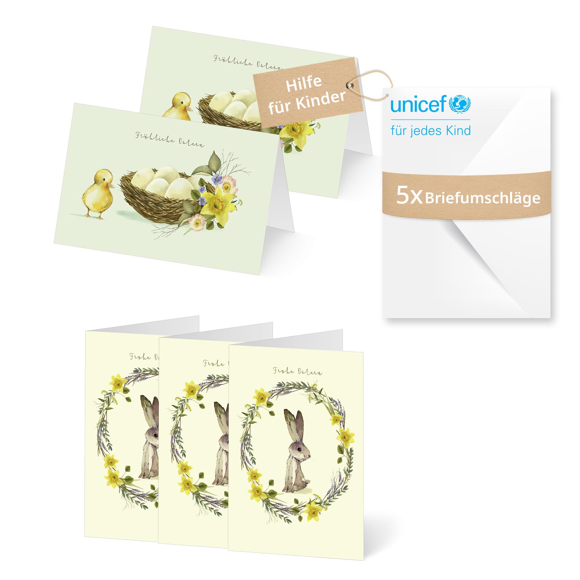 Unicef Grusskarten Set Ostern | 5 Klappkarten mit Umschlägen | Grußkarten zu Ostern | pro verkauftem Set wird Kindern geholfen | klimaneutral produziert in Deutschland