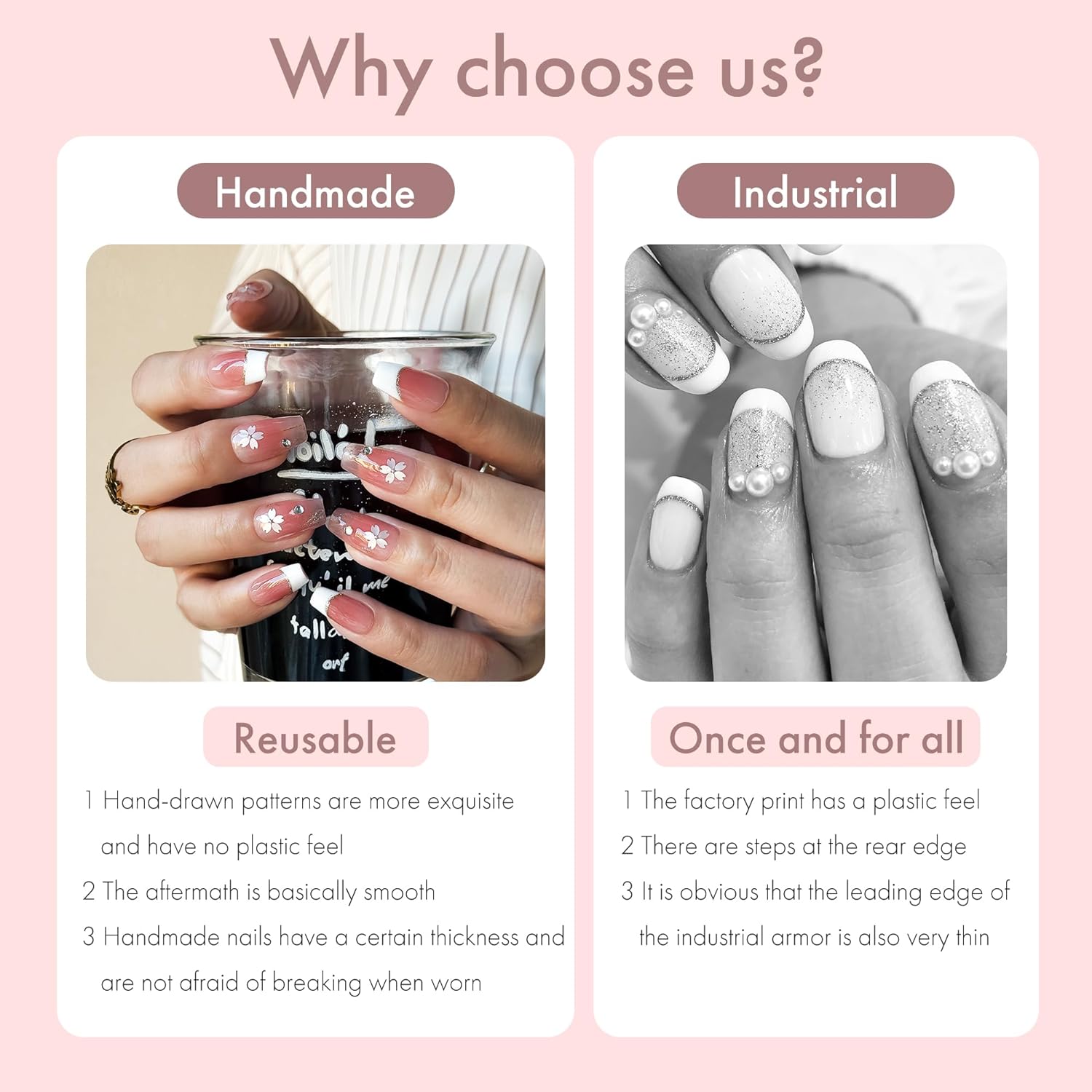 Veil Press On Nails 10pcs, Pink Cherry Blossom Gradient UV Gel/Acrylic False Nails, Elegant Floral French Tip Spring Blossom Nail Art for Women, Cute Pastel Flower Soft Glam Nail Set (Pink, L)
