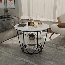 ETIQUETTE ART Modern Faux Marble Top Round 2 Tier Metal Coffee Tables Living Room Table Sets, Sofa Center Table End Tables with Metal Frame Home Decor for Living Room (Black & White)