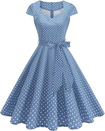 IKADEX Womens Retro Formal Cocktail Party Dresses 1950s Cap Sleeve Polka Dot Swing Dress with Belt for Wedding Church