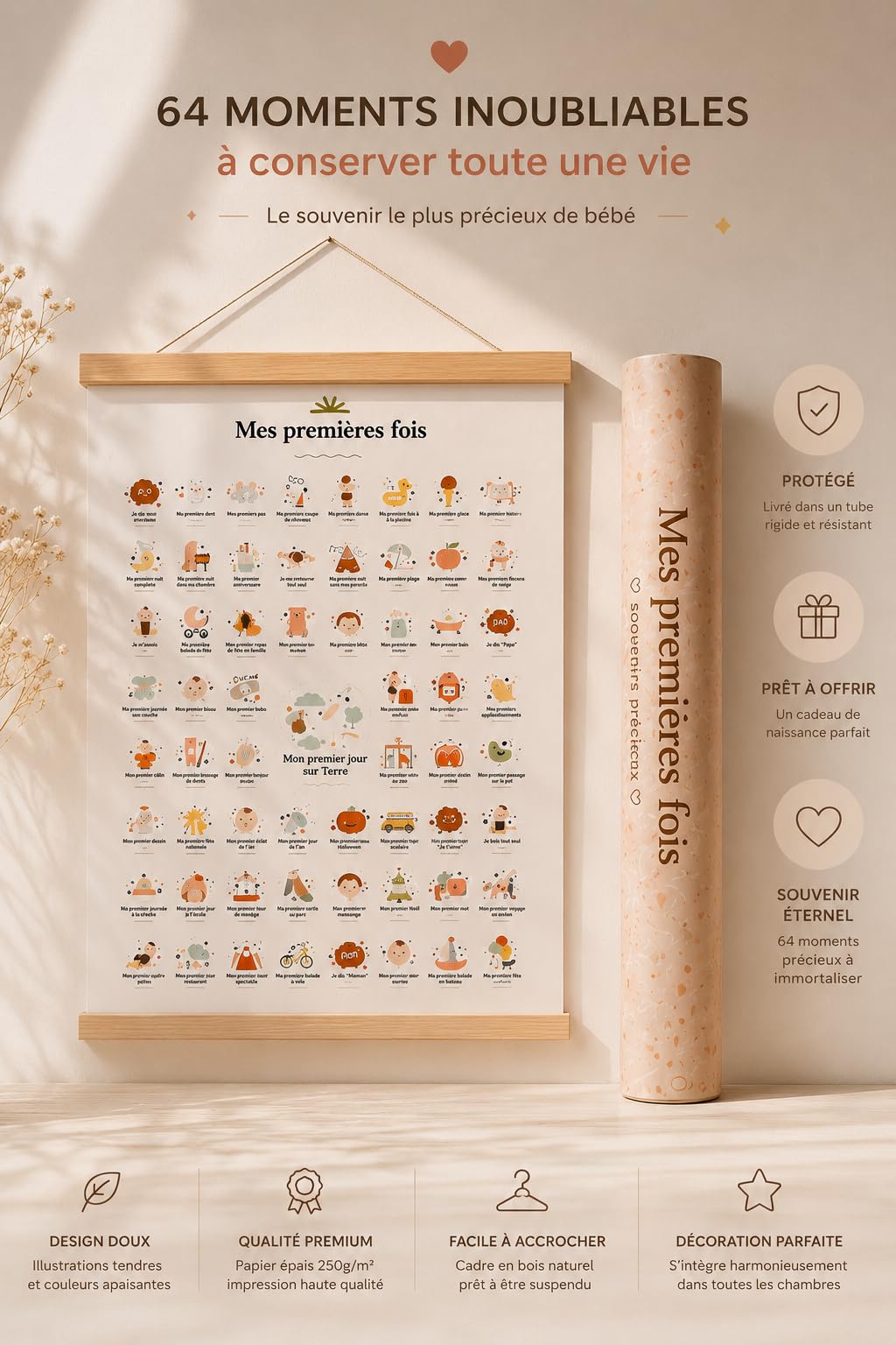 Générique Mes Premières Fois Bébé – Affiche Souvenir A3 avec Baguettes en Bois et Fil de Suspension – Décoration Chambre Bébé Garçon ou Fille – Cadeau Naissance Original