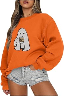 Halloween Ghost Drink Coffee Sweatshirt Women Spooky Season Shirts Cute Ghost Printed Halloween Crewneck Pullover Tops