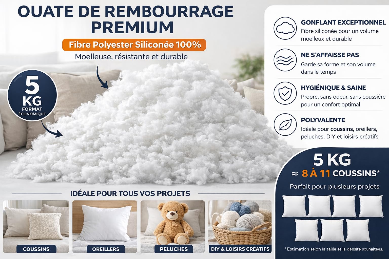 Ouate de Rembourrage 5kg – Fibre Polyester Siliconée Premium – Garnissage Coussin, Oreiller, Peluche – Gonflant Durable – Oeko-TEX Lavable 95°